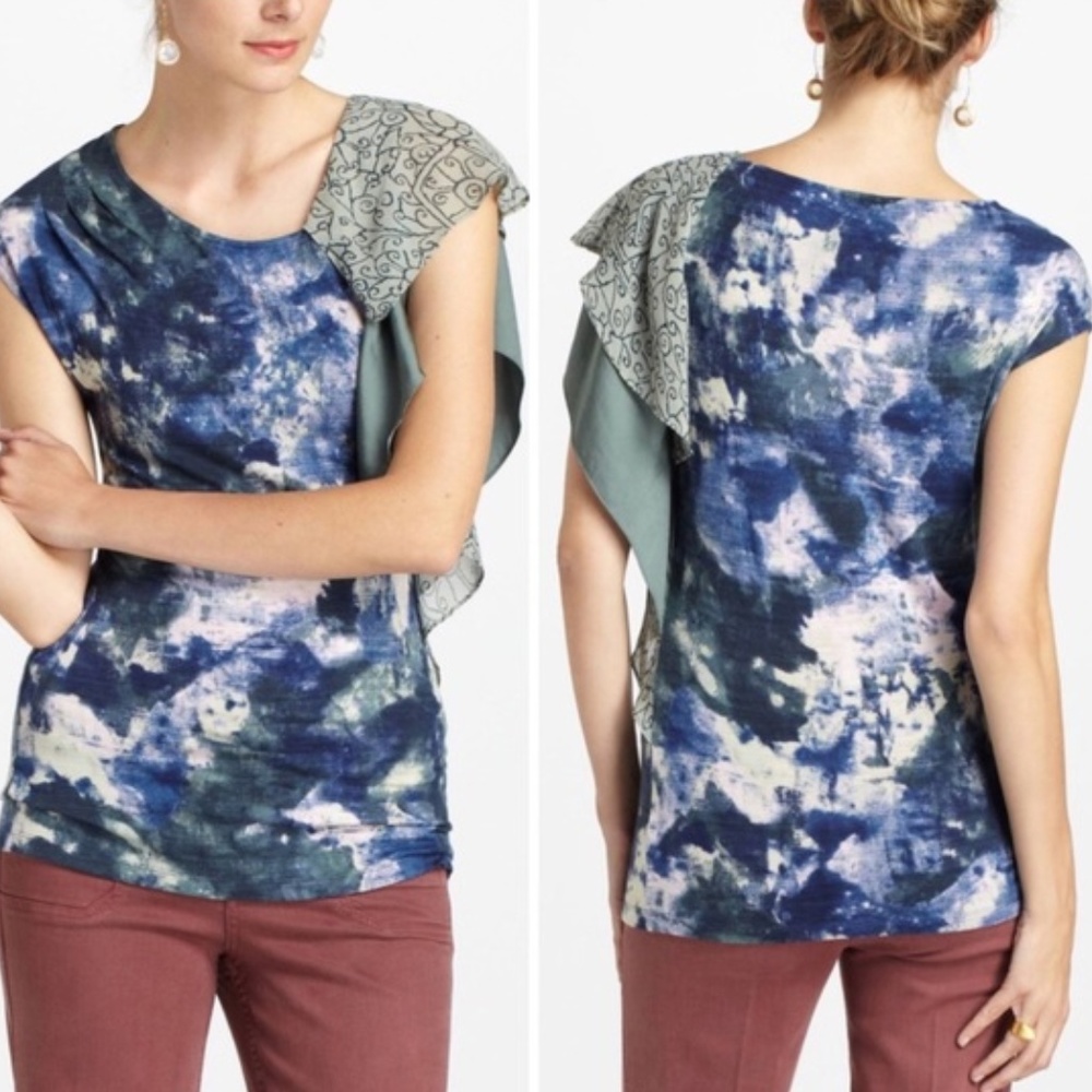 Anthro Deletta Watercolor Flourish Ruffle Blouse